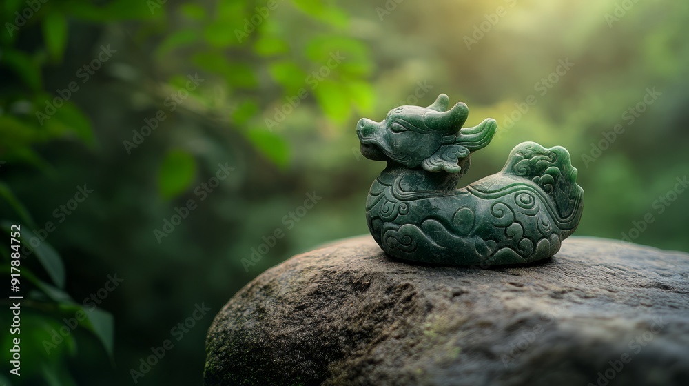 Auspicious things Improve your luck. It was a Kirin statue made of green jade placed on a rock. Auspicious things Improve your luck. It was a Kirin statue made of green jade placed on a rock.