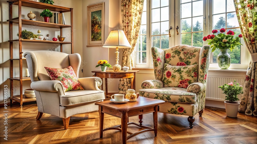 Cozy living room in a senior's home with floral armchair, wooden table, and vintage decorations, evoking a sense of warmth and nostalgia. Cozy living room in a senior's home with floral armchair, wooden table, and vintage decorations, evoking a sense of warmth and nostalgia.