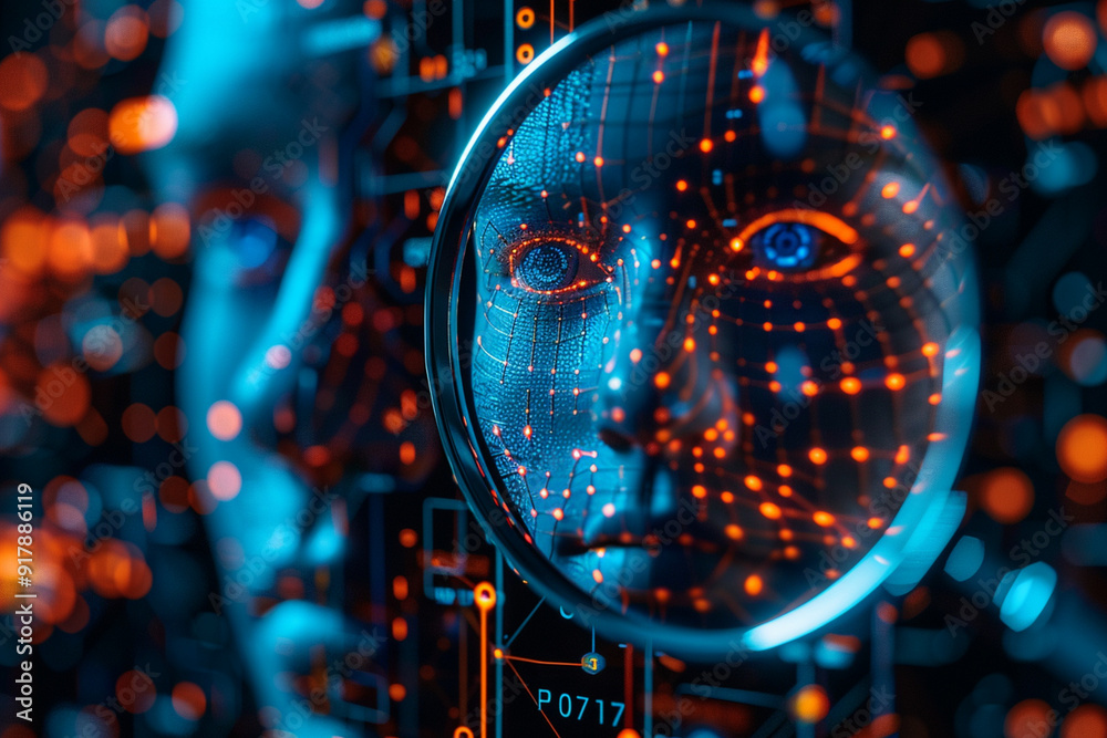 The Know Your Customer (KYC) concept enhances financial security by using biometrics and identity verification systems. A person uses a magnifying glass to access and protect personal financial data. The Know Your Customer (KYC) concept enhances financial security by using biometrics and identity verification systems. A person uses a magnifying glass to access and protect personal financial data.