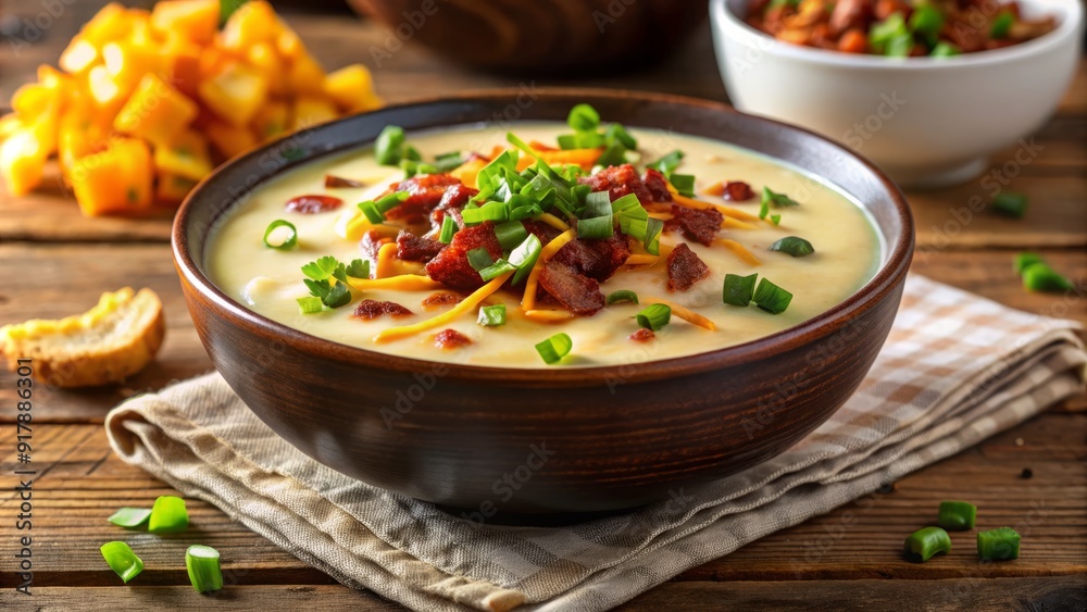 Creamy loaded baked potato soup with crispy bacon, melted cheddar cheese, and a sprinkle of green onions, served in a warm and inviting bowl. Creamy loaded baked potato soup with crispy bacon, melted cheddar cheese, and a sprinkle of green onions, served in a warm and inviting bowl.