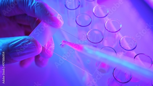 Analyzing Chemicals in Neon Purple Light Using Advanced Laboratory Equipment