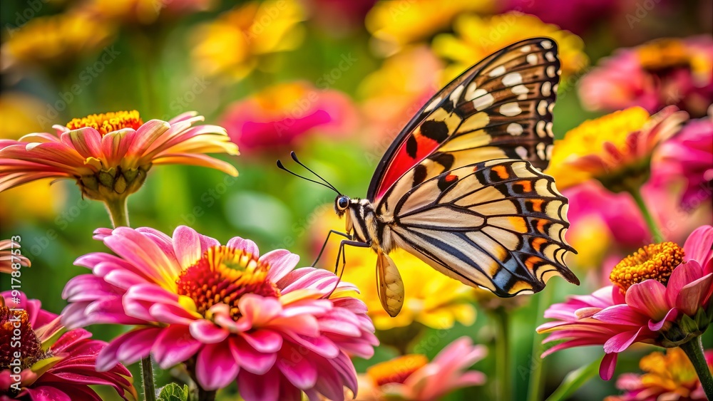 Delicate butterfly sips nectar from vibrant pink and yellow flowers, collecting pollen on its antennae as it flutters between blossoms in a lush garden setting. Delicate butterfly sips nectar from vibrant pink and yellow flowers, collecting pollen on its antennae as it flutters between blossoms in a lush garden setting.