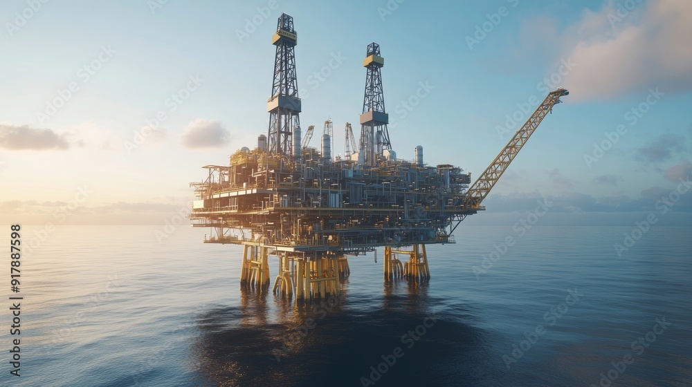 Vast perspective of an oil rig in the ocean, capturing its extensive metal structure and detailed operational equipment, demonstrating offshore drilling technology and maritime industry. Vast perspective of an oil rig in the ocean, capturing its extensive metal structure and detailed operational equipment, demonstrating offshore drilling technology and maritime industry.
