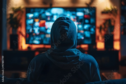 Hooded Silhouette Sitting in Front of Digital Screen in Dark Room   Mysterious Faceless Figure