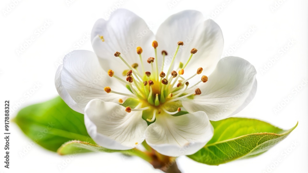 Delicate pear blossom flower in soft focus, with gentle petals and yellow center, isolated on a pure white background, symbolizing spring and new beginnings. Delicate pear blossom flower in soft focus, with gentle petals and yellow center, isolated on a pure white background, symbolizing spring and new beginnings.