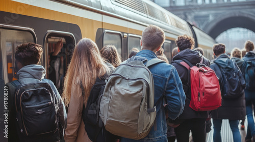 Group of students with backpacks waiting for a train at a station platform