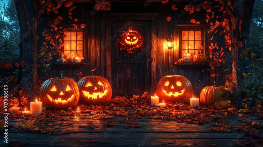Obraz premium Wooden house porch decorated for Halloween with carved pumpkins, glowing candles, and a vibrant carpet of autumn leaves, setting a festive and cozy fall scene.