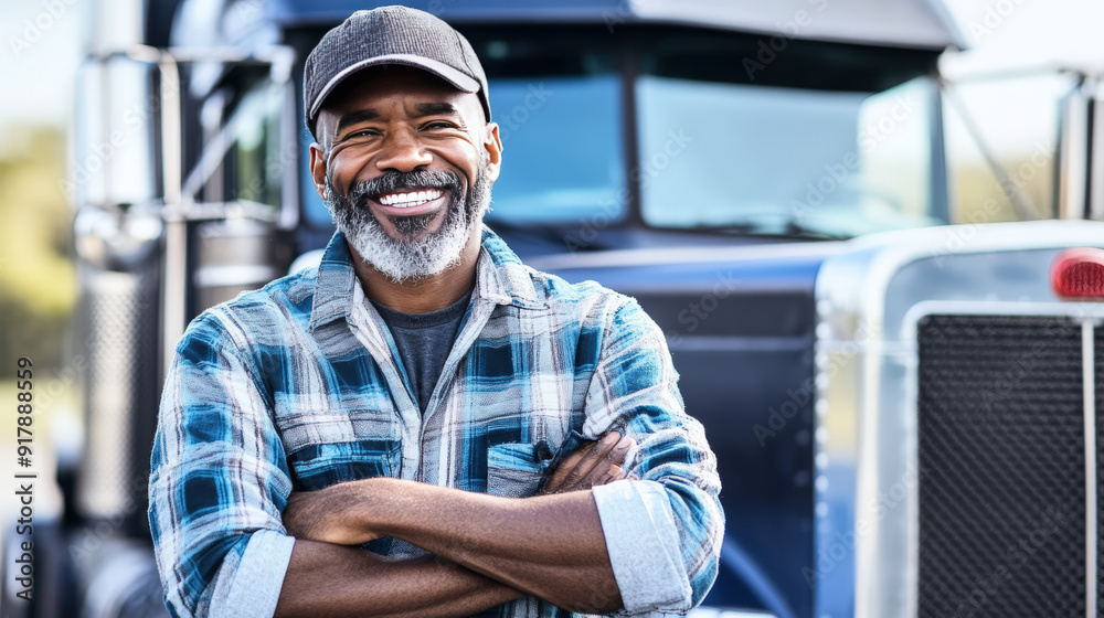Truck driver standing with arms crossed in front of his vehicle Truck driver standing with arms crossed in front of his vehicle