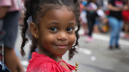 Fototapeta Naklejka Na Ścianę i Meble -  A young girl smiles brightly, wearing a red outfit and holding a small toy at a lively city parade