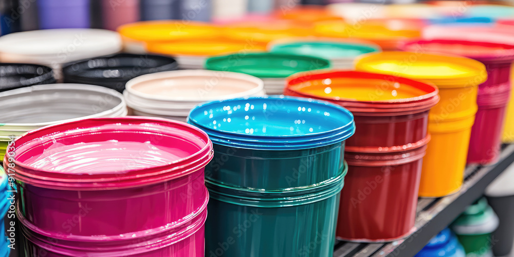 Lots of colorful buckets of paint to cover the walls. An assortment of color palettes for painting work. Lots of colorful buckets of paint to cover the walls. An assortment of color palettes for painting work.