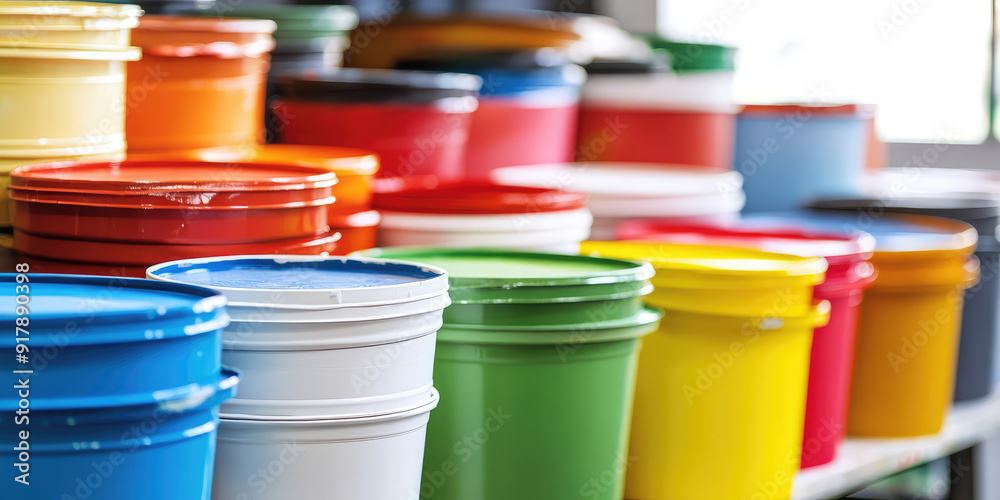 Lots of colorful buckets of paint to cover the walls. An assortment of color palettes for painting work. Lots of colorful buckets of paint to cover the walls. An assortment of color palettes for painting work.