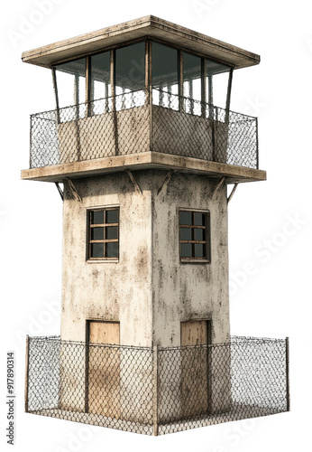 Old watchtower near a fenced perimeter, cut out - stock png.