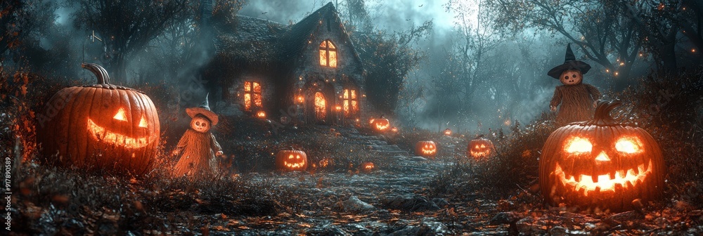 Detailed 3D render of a Halloween setting featuring witch straw dolls, illuminated pumpkins, and a foreboding haunted house, creating a chilling and immersive festive scene. Detailed 3D render of a Halloween setting featuring witch straw dolls, illuminated pumpkins, and a foreboding haunted house, creating a chilling and immersive festive scene.