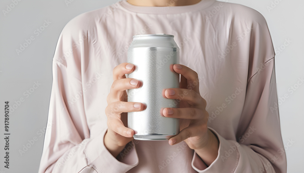 Woman holding aluminum can on white background, closeup Woman holding aluminum can on white background, closeup