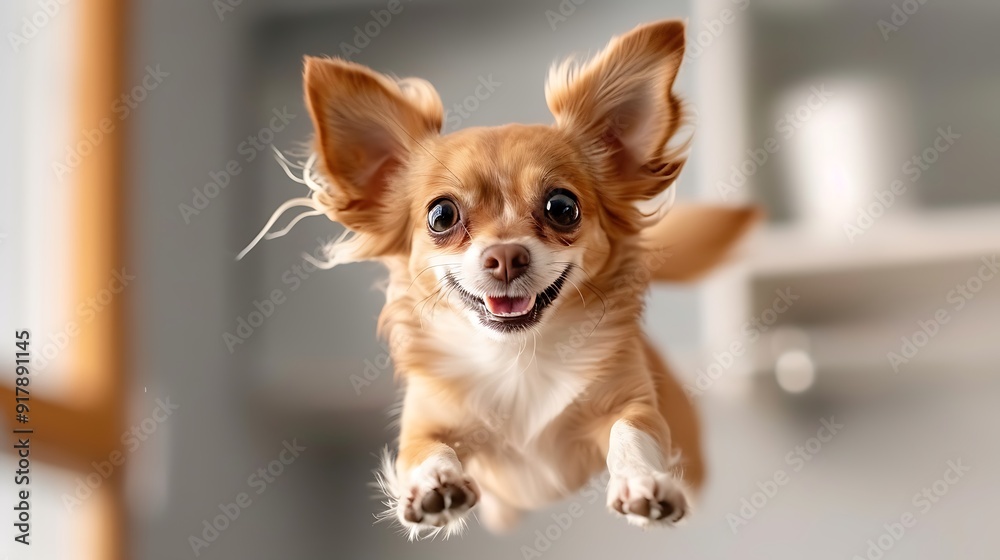 Playful Chihuahua Fawn Puppy Mid-Jump with Joyful Expression Playful Chihuahua Fawn Puppy Mid-Jump with Joyful Expression