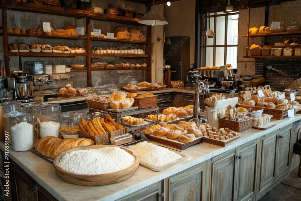 Detailed view of a cozy bakery kitchen with an assortment of baked goods and kitchen tools, capturing a friendly and comforting baking atmosphere. Detailed view of a cozy bakery kitchen with an assortment of baked goods and kitchen tools, capturing a friendly and comforting baking atmosphere.