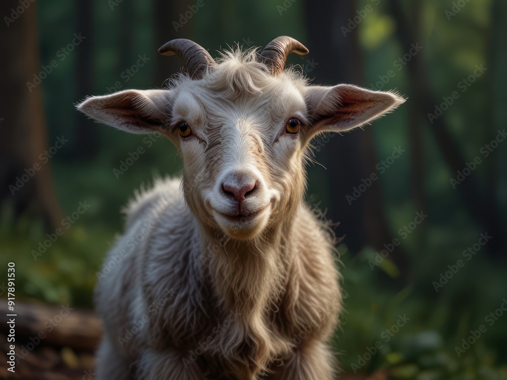 Curious Goat in a Sunlit Forest, Expressing Natural Charm Curious Goat in a Sunlit Forest, Expressing Natural Charm