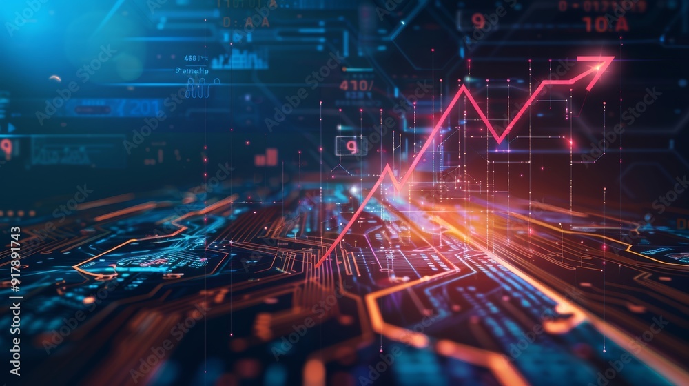 Financial success with business arrow on circuit tech design, data graphs, on dark blue background Financial success with business arrow on circuit tech design, data graphs, on dark blue background