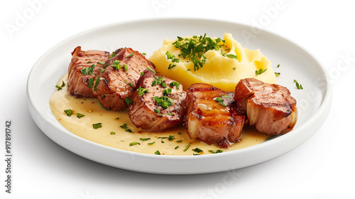 A plate of Bavarian Schweinshaxe served with creamy mashed potatoes and garnished with fresh herbs on a white dish.