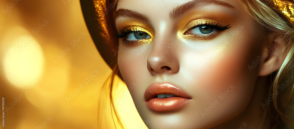 Fashion model girl with golden makeup. Art design. Close-up.
