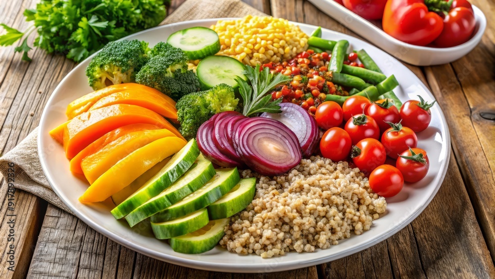 Fresh colorful vegetables, whole grains, and lean protein meticulously arranged on a white plate, showcasing a balanced and nutritious meal for optimal wellness. Fresh colorful vegetables, whole grains, and lean protein meticulously arranged on a white plate, showcasing a balanced and nutritious meal for optimal wellness.