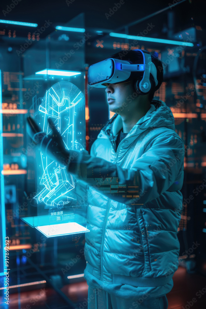 A person interacts with holographic displays while wearing virtual reality goggles in a futuristic tech environment A person interacts with holographic displays while wearing virtual reality goggles in a futuristic tech environment