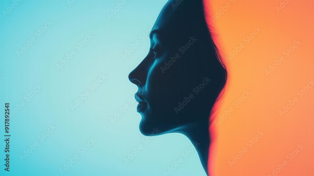 A face half in shadow, reflecting on negative thoughts, Negative Thinking, showcasing the cognitive symptoms of depression A face half in shadow, reflecting on negative thoughts, Negative Thinking, showcasing the cognitive symptoms of depression