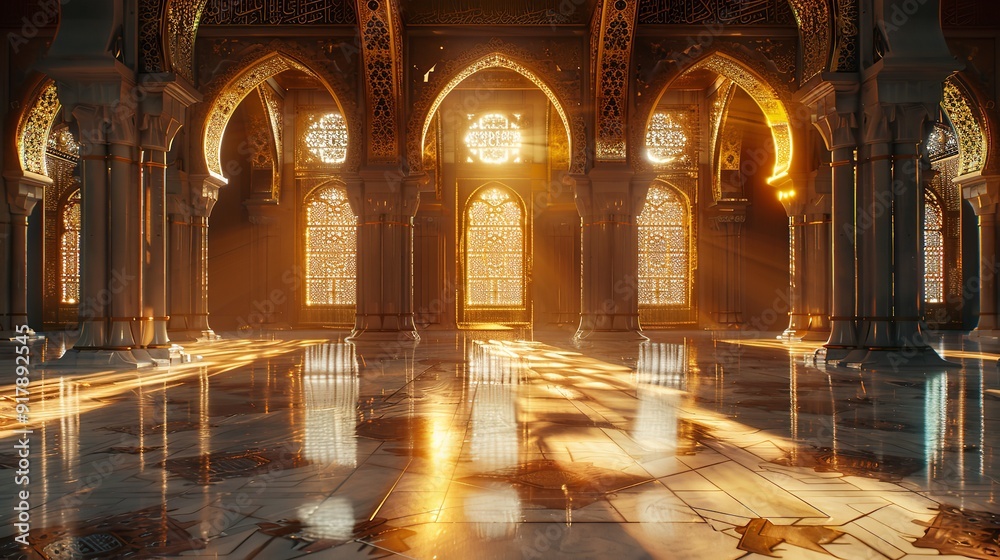 majestic mosque with sunlight reflecting on wet ground, framed by arched windows majestic mosque with sunlight reflecting on wet ground, framed by arched windows