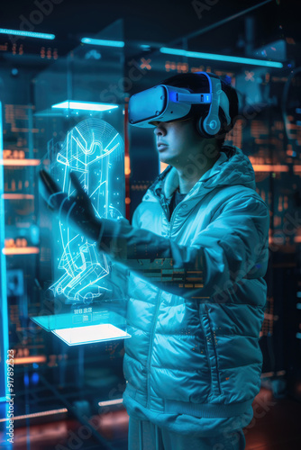 A person interacts with holographic displays while wearing virtual reality goggles in a futuristic tech environment