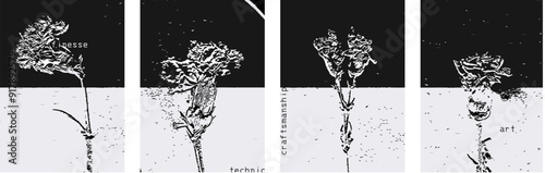 set of posters that says finesse, craftsmanship, technic, art. Posters with abstract flowers designs, isolated on black background. Modern vector design with texture.
