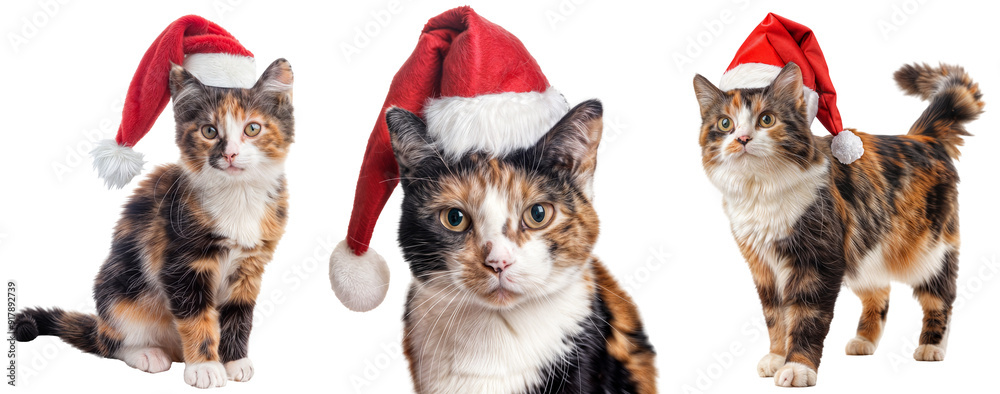 Obraz premium Collection of Three-Coloured Adorable Calico Cats Wearing Santa Hats for Christmas, Isolated on Transparent Background