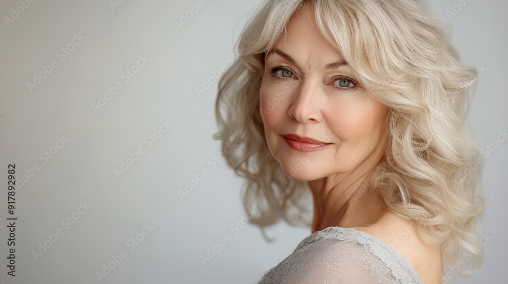 Portrait of elegant elderly woman with wavy blonde hair, smiling gently. Soft lighting and neutral background. Concept of aging gracefully and skincare Portrait of elegant elderly woman with wavy blonde hair, smiling gently. Soft lighting and neutral background. Concept of aging gracefully and skincare