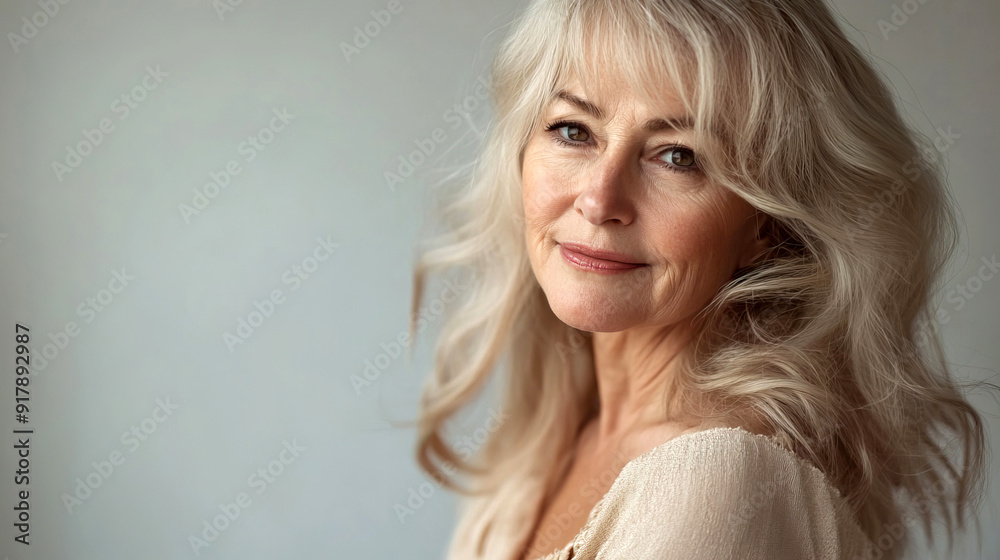 Portrait of elegant elderly woman with long wavy blonde hair, smiling gently. Soft lighting and neutral background. Concept of aging gracefully and skincare Portrait of elegant elderly woman with long wavy blonde hair, smiling gently. Soft lighting and neutral background. Concept of aging gracefully and skincare