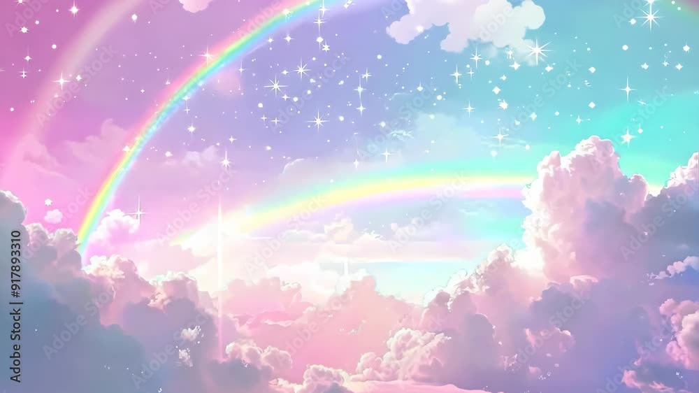 Sky full of stars pink clouds and a rainbow in the background with pastel color.