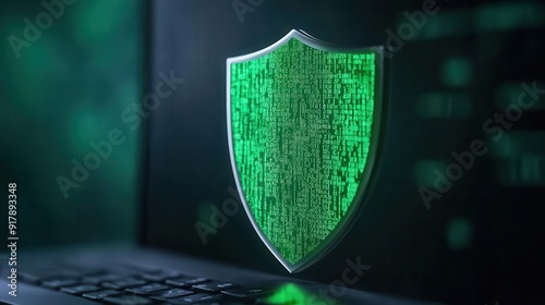 A glowing green shield graphic symbolizing cybersecurity protection on a dark background, illustrating digital security concepts.