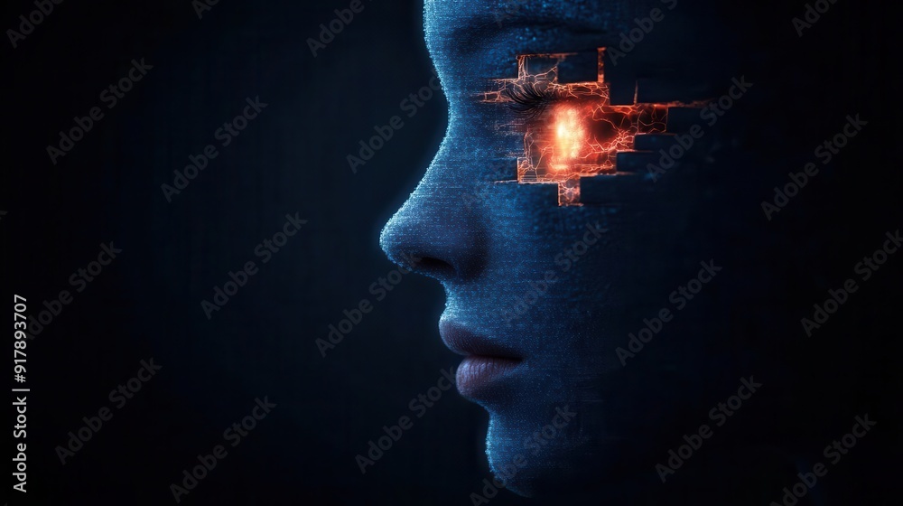 A surreal portrait depicting a digital face with a glowing eye, merging technology and human emotion in a dark atmosphere. A surreal portrait depicting a digital face with a glowing eye, merging technology and human emotion in a dark atmosphere.