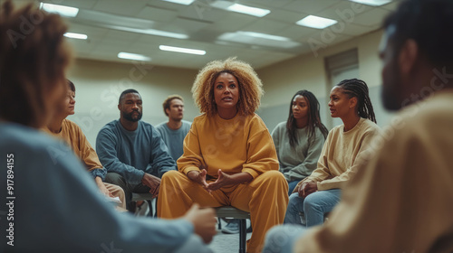 Incarcerated individuals of diverse backgrounds participate in a group therapy session in a prison setting, led by a therapist who emphasizes rehabilitation and mental health support