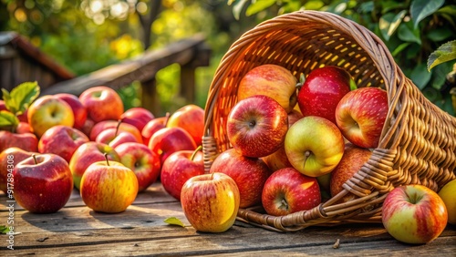 Freshly harvested Jonagold apples spill out of a rustic wicker basket, their vibrant red and yellow skin glistening in the warm natural light.