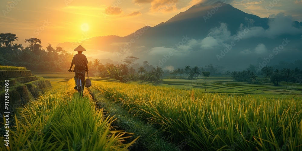 Fototapeta premium Sunrise Ride Through Rice Paddies