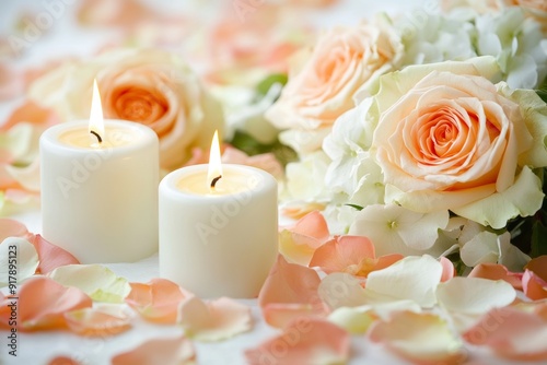 Elegant scene featuring white candles, delicate rose blossoms, and scattered flower petals, arranged to evoke a serene and calming ambiance.