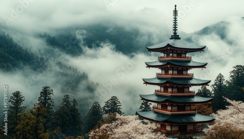 Ethereal Anime-Style Japanese Winter Landscape: Serene Cherry Blossoms and Traditional Pagoda Nestled in Misty Mountains. Enchanting Cultural Scene for Book Illustrations and Creative Marketing Visual
