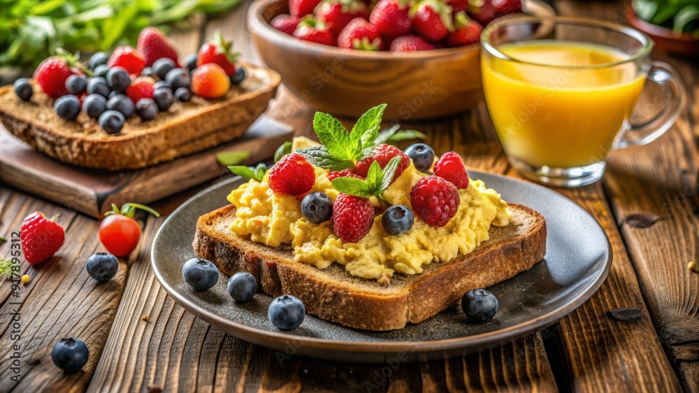 Freshly prepared healthy breakfast with whole grain toast, scrambled eggs, and mixed berries on a rustic wooden table amidst a cozy morning atmosphere. Freshly prepared healthy breakfast with whole grain toast, scrambled eggs, and mixed berries on a rustic wooden table amidst a cozy morning atmosphere.