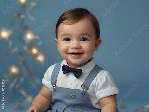 Adorable baby wear cute dress in blue background studio photography