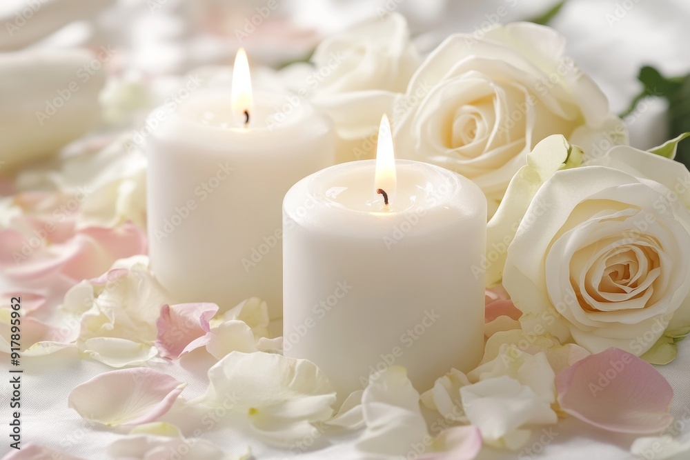 Beautifully arranged white candles surrounded by soft rose blossoms and scattered petals, creating a serene and romantic atmosphere. Beautifully arranged white candles surrounded by soft rose blossoms and scattered petals, creating a serene and romantic atmosphere.