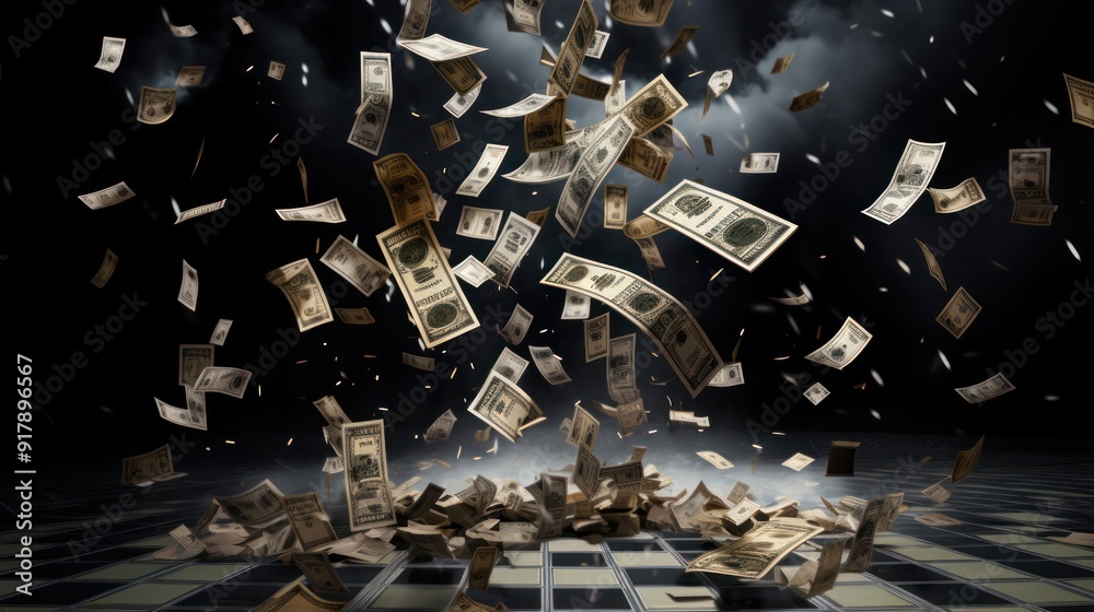 A bird's-eye view of scattered banknotes falling on a chessboard. A bird's-eye view of scattered banknotes falling on a chessboard.