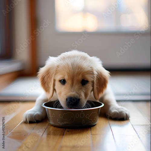 A Young Golden Retriever Puppy Eating from a Bowl on a Sunlit Hardwood Floor