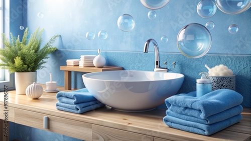 Freshly washed towels and soap bubbles surround a serene blue sink, conveying a sense of cleanliness and tranquility in a modern bathroom setting. photo