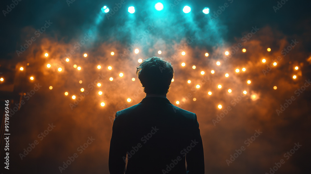 Silhouette of a man in a suit standing on a stage with dramatic lighting, facing a backdrop of bright blue and orange lights. Silhouette of a man in a suit standing on a stage with dramatic lighting, facing a backdrop of bright blue and orange lights.