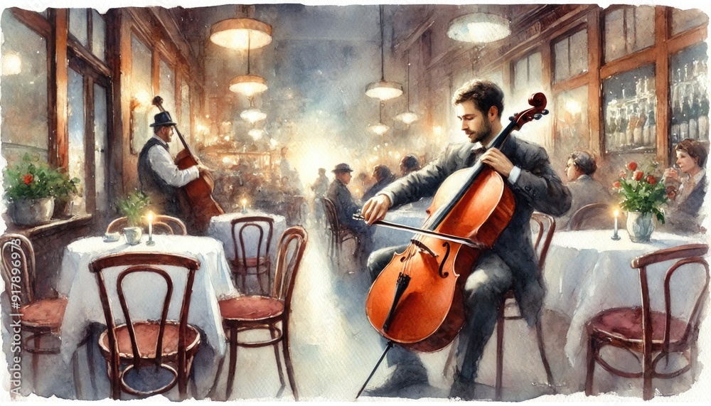 Fototapeta premium A watercolor painting of a man playing a cello in an evening cafe. The scene is created with soft, less bright colors, capturing the tranquil atmosphe