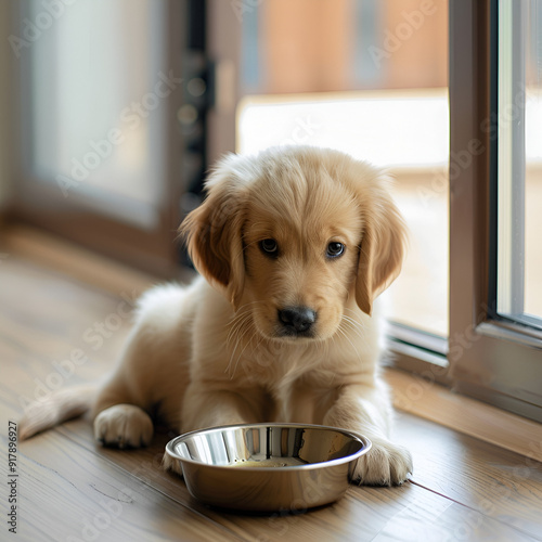 A Young Cute Puppy Dog Golden Retriever Puppy Eating From A Dog Sitting With Bowl On A Hardwood Floor Near A Window